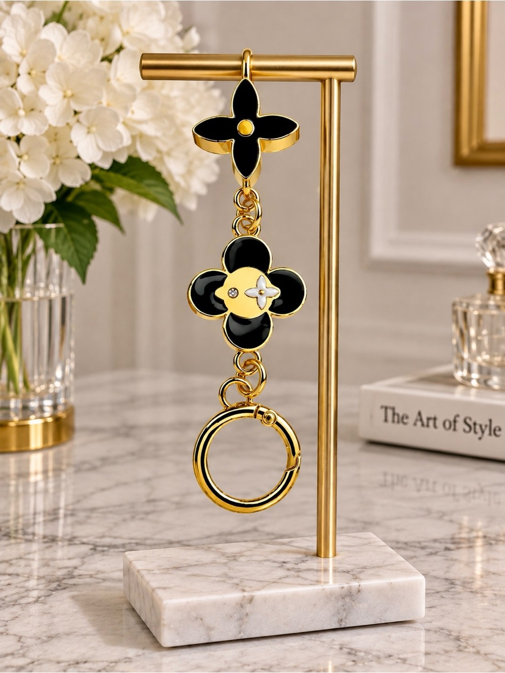 Black Gold Enamel Floral Bag Charm Keychain Crystal Accent